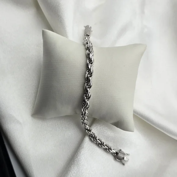 18k White Gold Over Sterling Silver Diamond Cut Rope Bracelet & Moissanite Clasp
